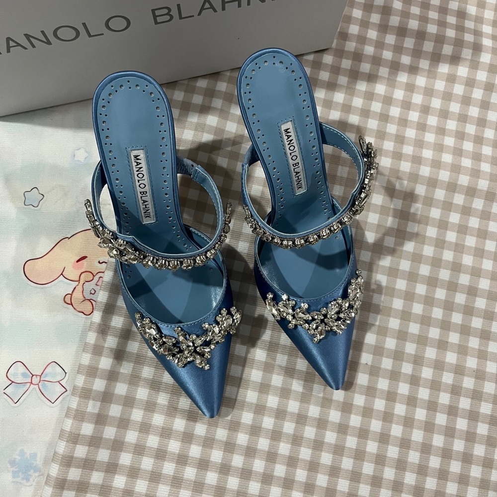 Manolo Blahnik Blue Satin Crystal-Embellished Pointed Toe Mules - Picture 1 of 8